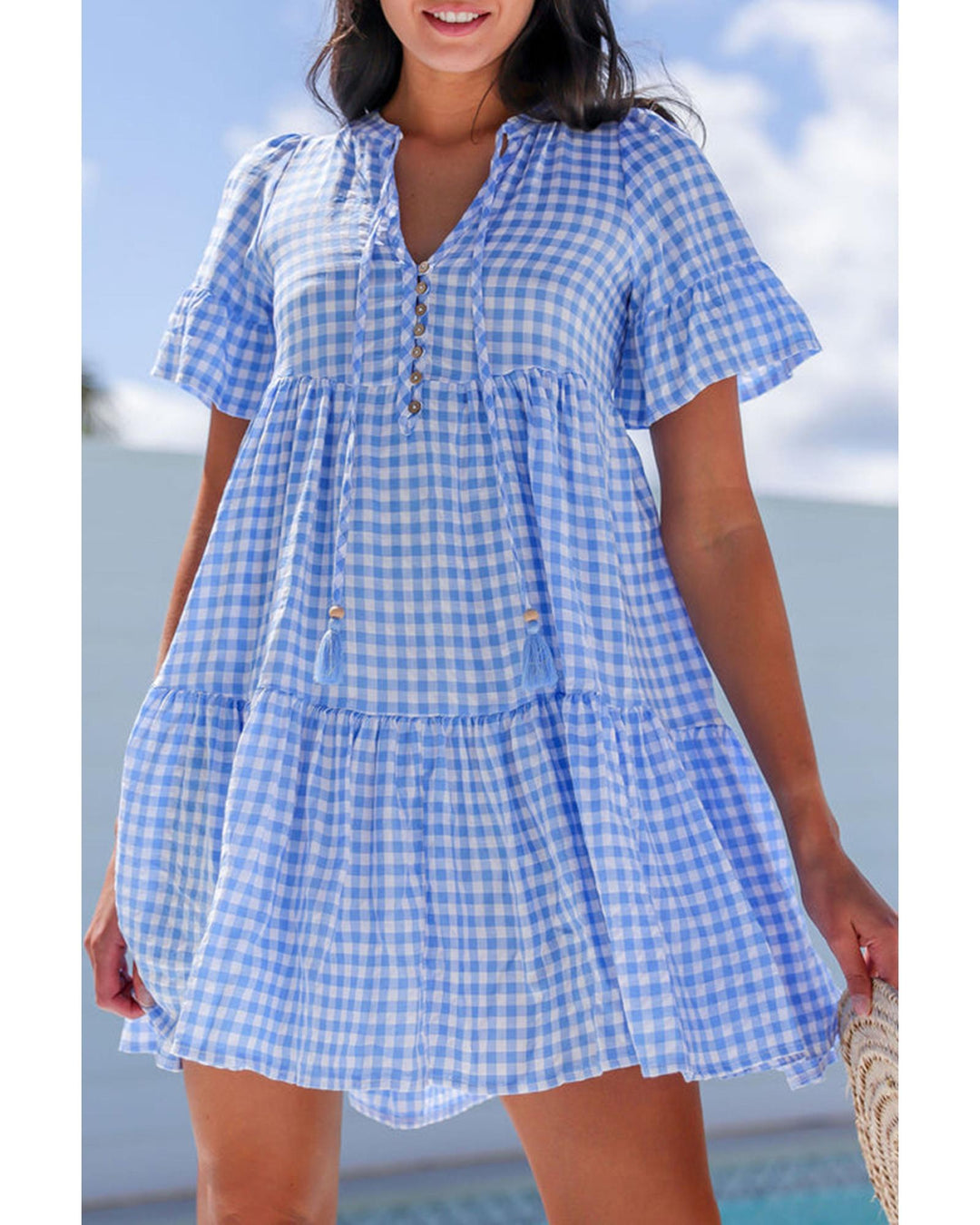 Sky Blue Gingham Short Sleeve Button Tie Split Neck Loose Mini Dress - L