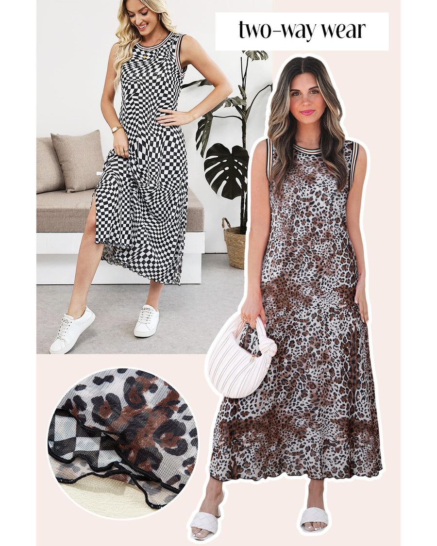 Multicolour Leopard Checkered Double Printed Reversible Sleeveless Long Dress - L
