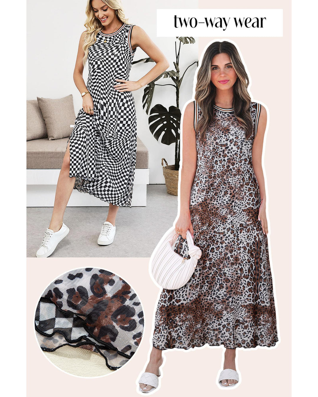 Multicolour Leopard Checkered Double Printed Reversible Sleeveless Long Dress - S