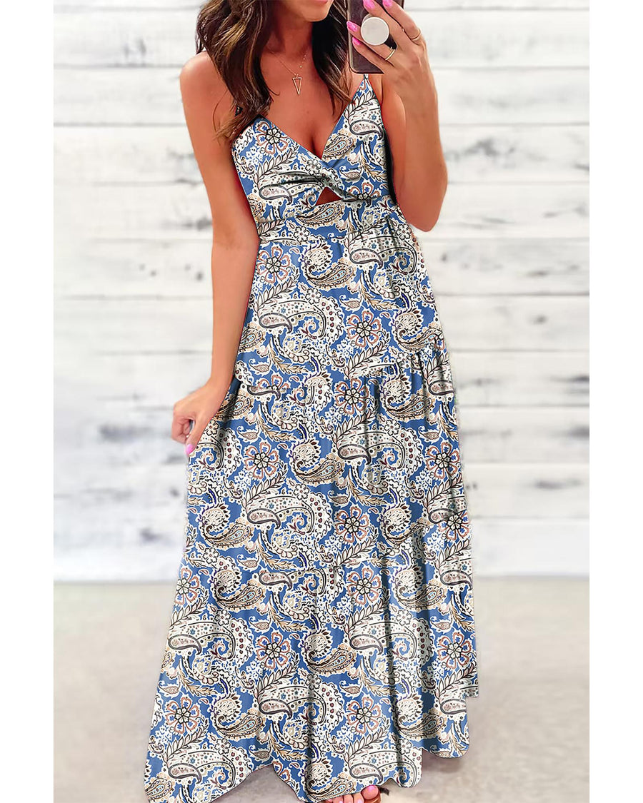 Blue Paisley Print Twist Detail Smocked Back Spaghetti Straps Long Dress - S