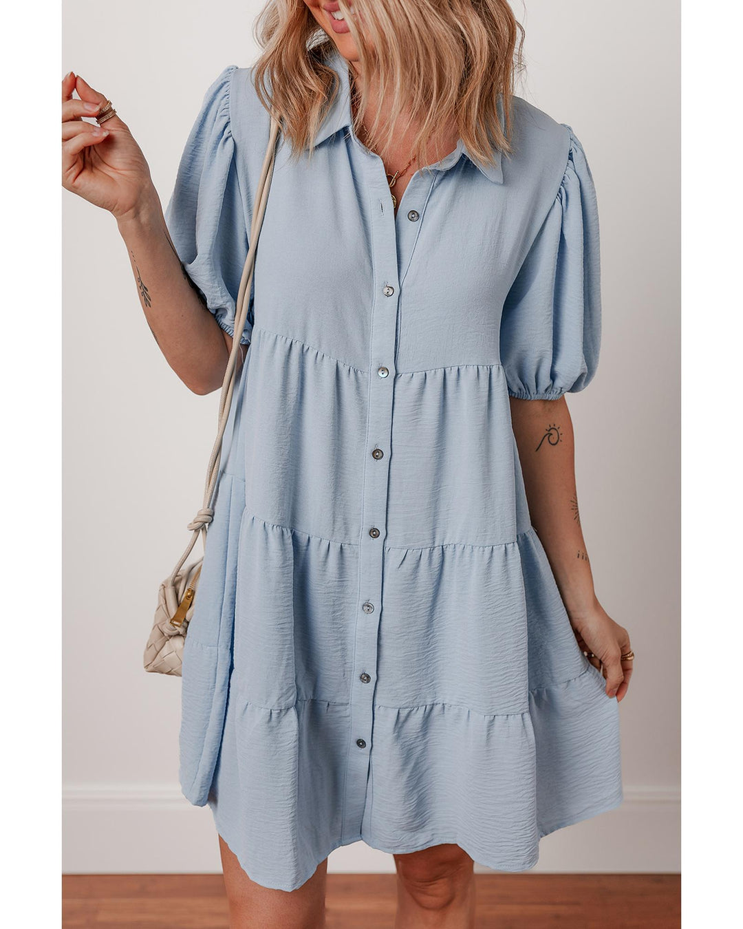 Beau Blue Shirt Collar Button Up Short Puff Sleeve Tiered Shift Dress - L