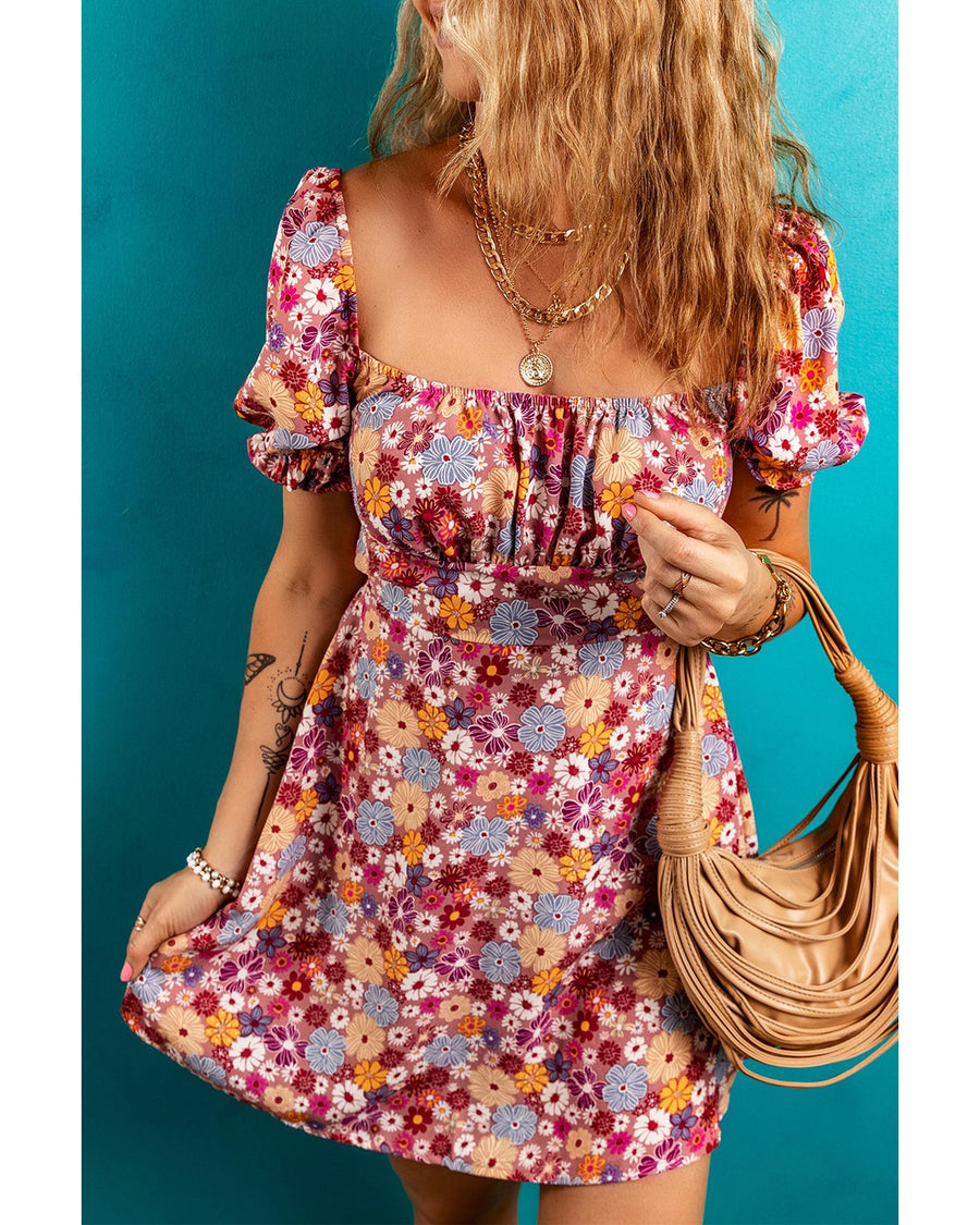 Red Floral Puff Sleeve Square Neck Knot Open Back Mini Dress - L