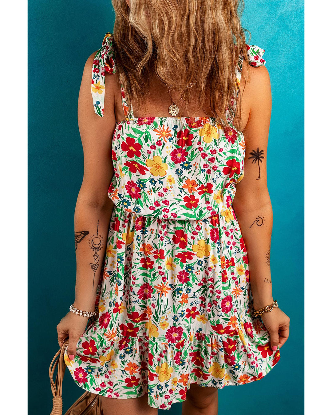 Red Floral Knotted Straps Cinched Waist Ruffle Hem Mini Dress - L