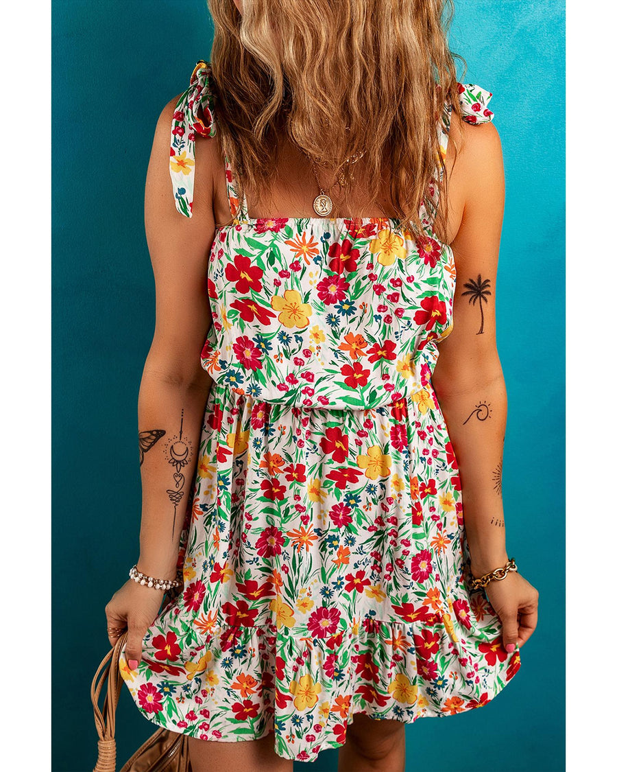 Red Floral Knotted Straps Cinched Waist Ruffle Hem Mini Dress - M