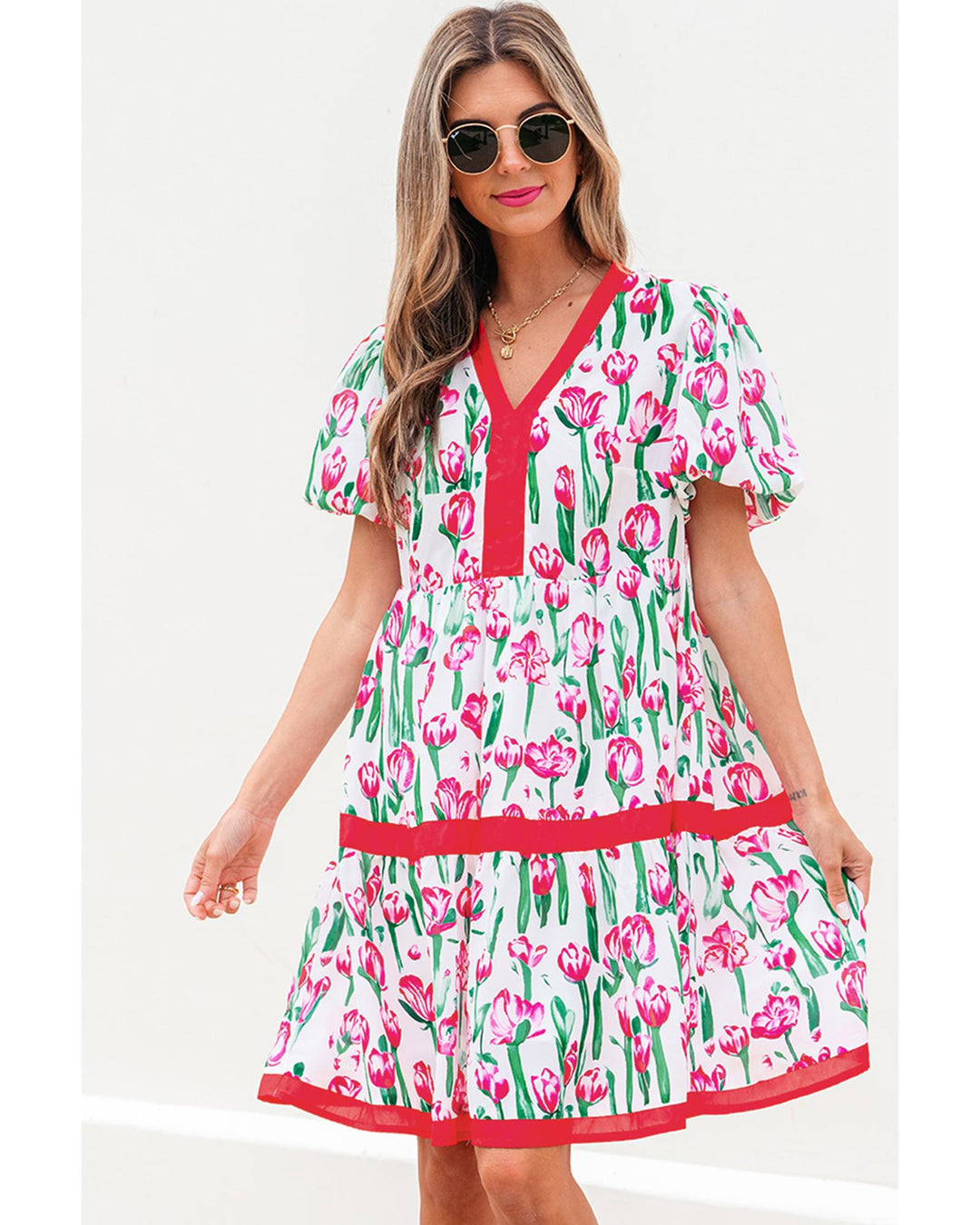 Pink Floral Print Contrast Trim V Neck Bubble Short Sleeve Babydoll Dress - L