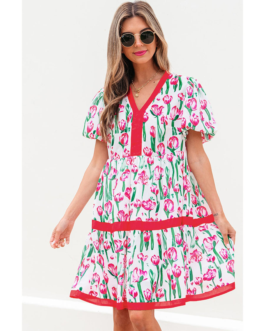 Pink Floral Print Contrast Trim V Neck Bubble Short Sleeve Babydoll Dress - L
