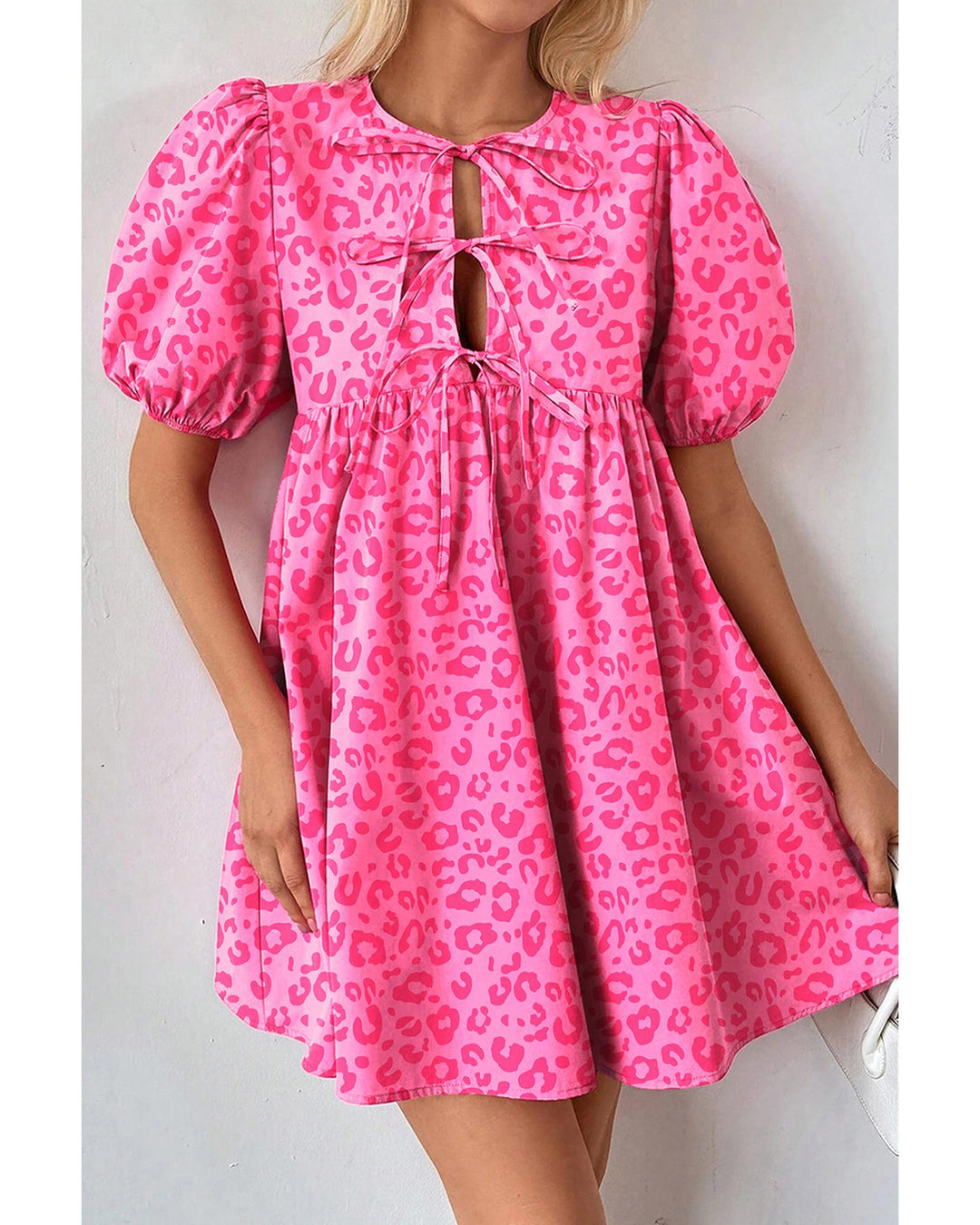 Rose Leopard Puff Sleeve Tie Front High Waist Mini Dress - XL