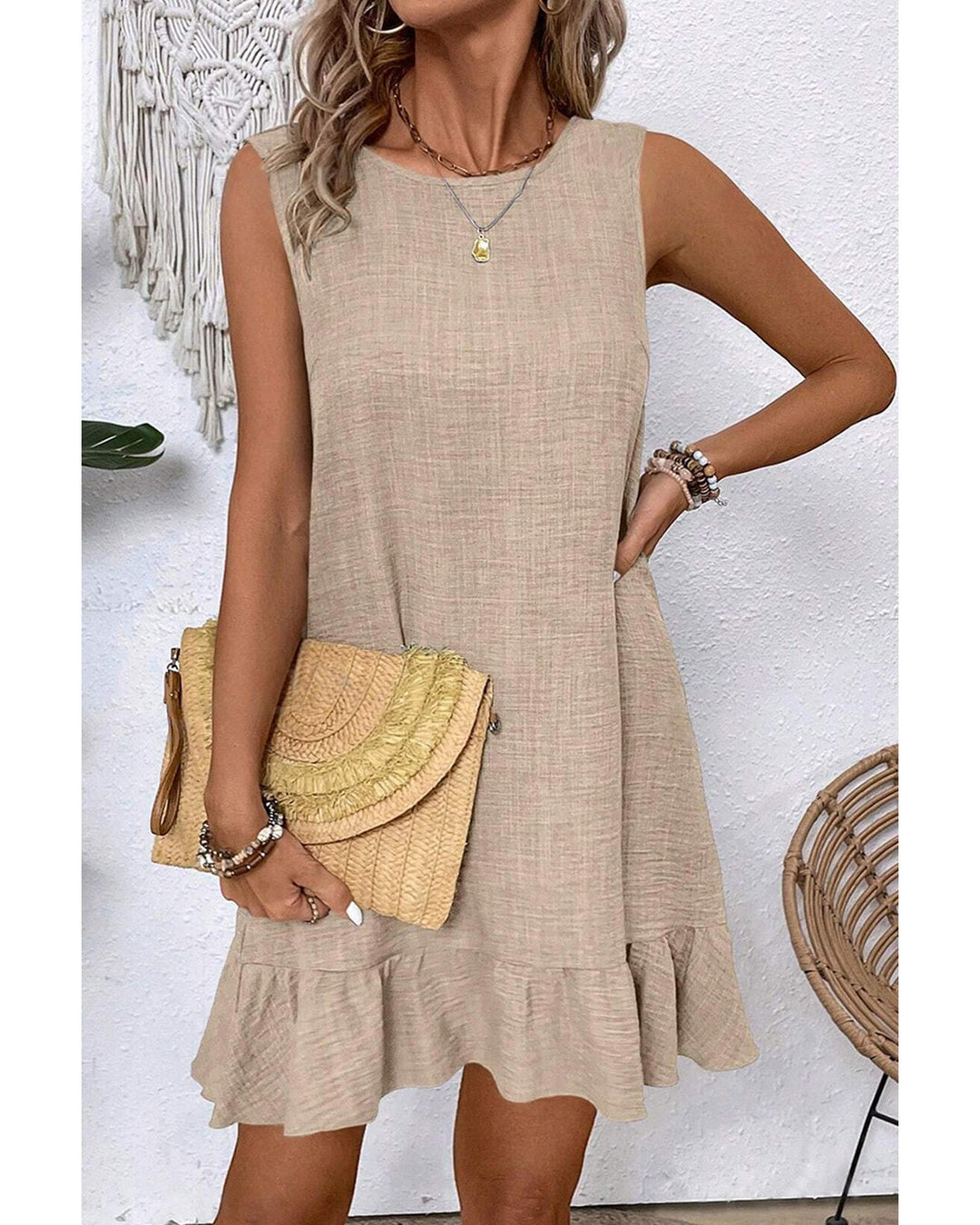 Smoke Gray Knot Scoop Back Ruffle Hem Sleeveless Mini Dress - L