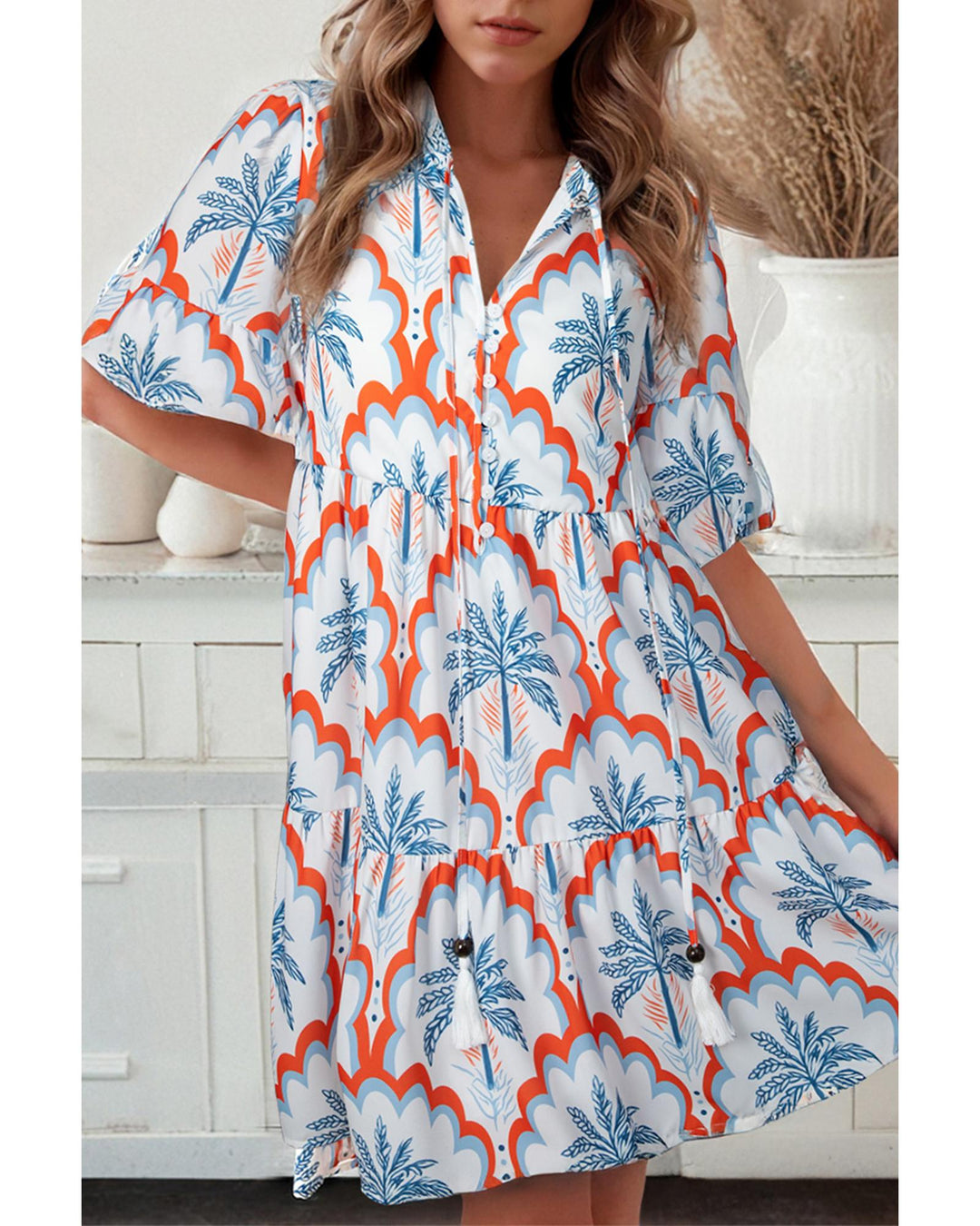 Orange Contrast Palm Tree Printed Short Sleeve Flowy Dress - L
