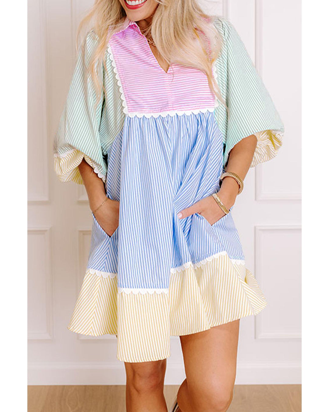 Multicolour Striped Patchwork Ric Rac Puff Sleeve Collared Mini Dress - S