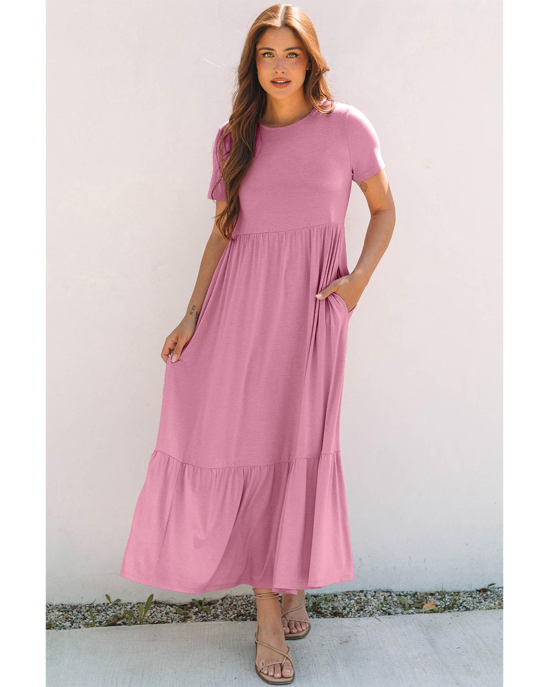 Pink Solid Color T-shirt High Waist Pocketed Long Dress - M