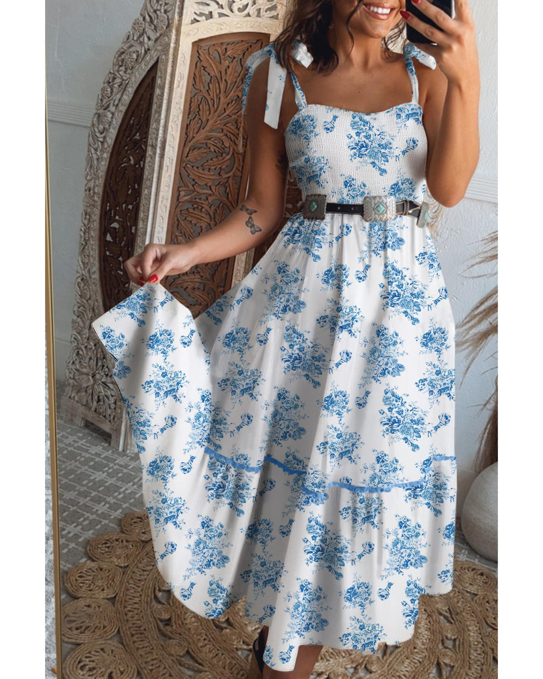 Sky Blue Floral Print Shirred Knot Shoulder Sleeveless Long Dress - S