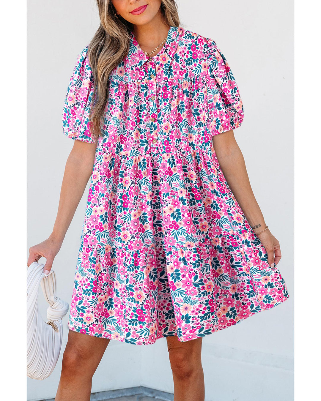 Pink Floral Collared Half Placket Short Sleeve Loose Dress - M