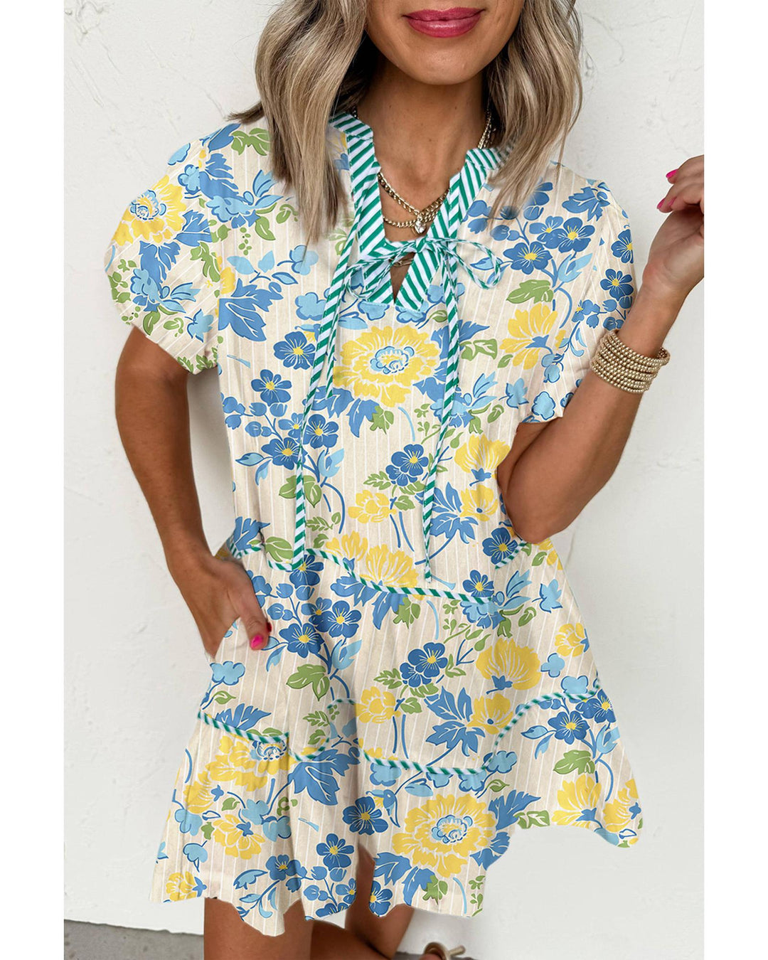 Blue Floral Striped Trim Puff Short Sleeve Dress - L