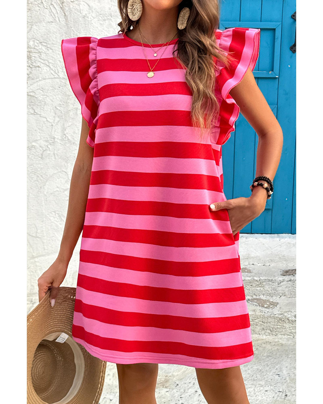 Red Stripe Flutter Sleeve Round Neck Shift Dress - XS