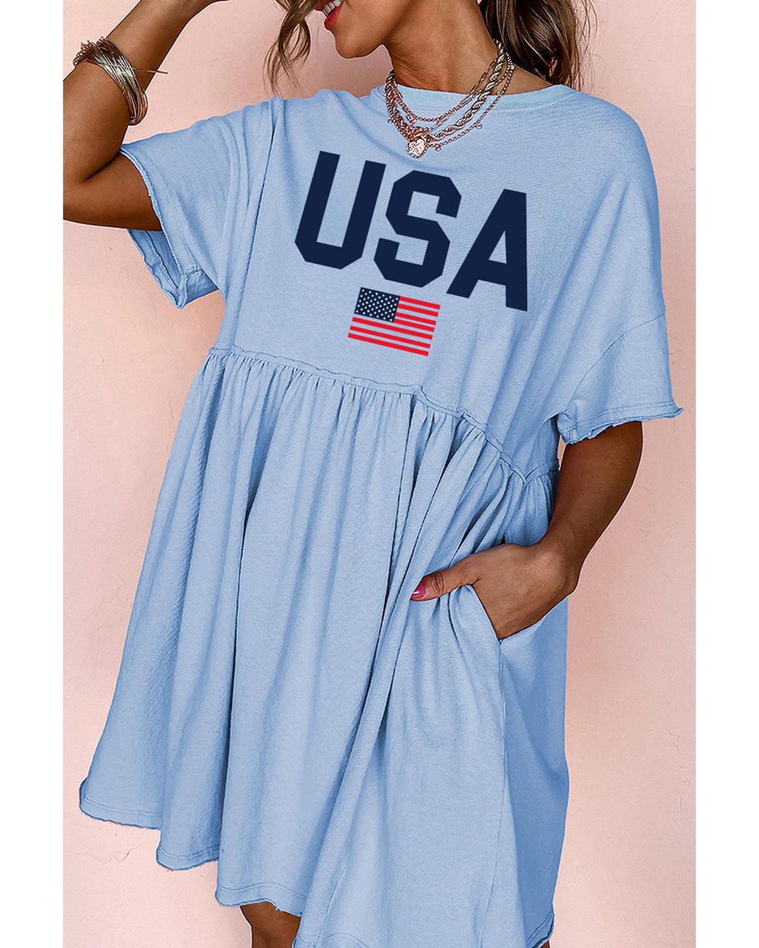 Sky Blue USA Flag Print Short Sleeve High Waist Babydoll Dress - S