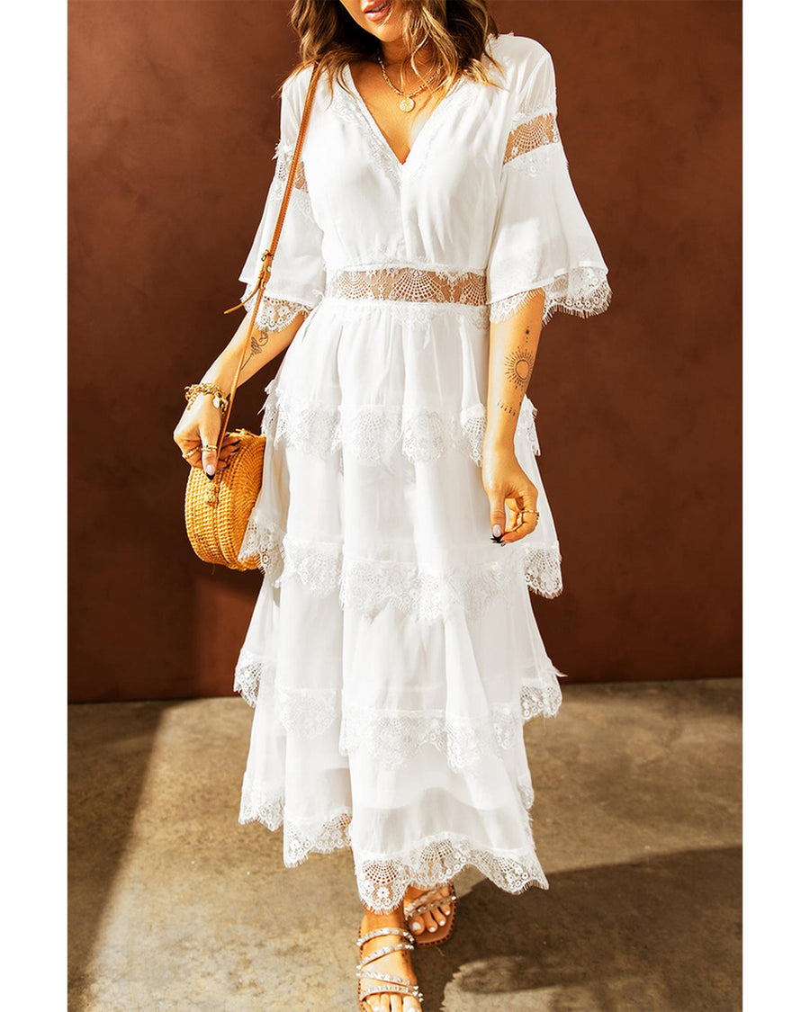 Azura Exchange Swiss Dot Print Lace Patch Layered Long Dress - M