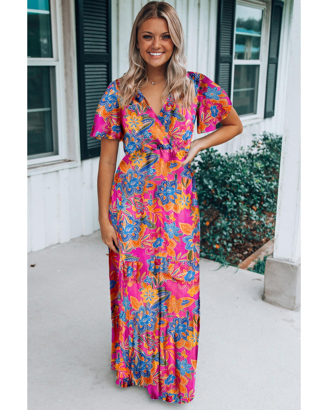 Rose Wrap V Neck Floral Maxi Dress - S