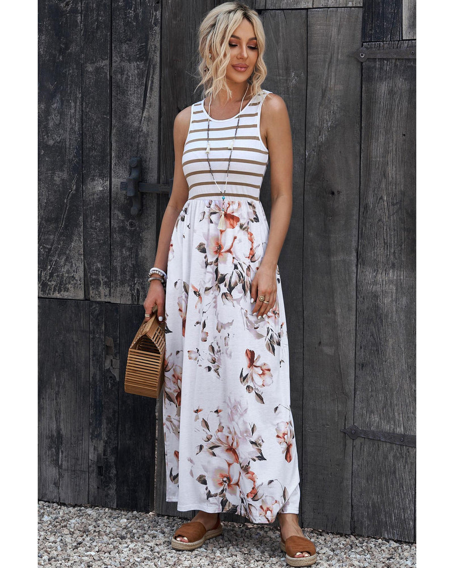 Azura Exchange White Striped Floral Print Sleeveless Maxi Dress with Pocket - S