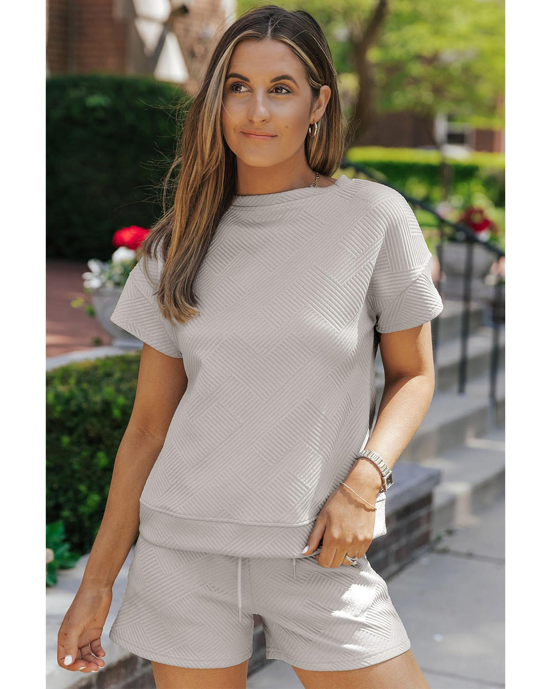 Gray 2pcs Solid Textured Drawstring Shorts Set - XL