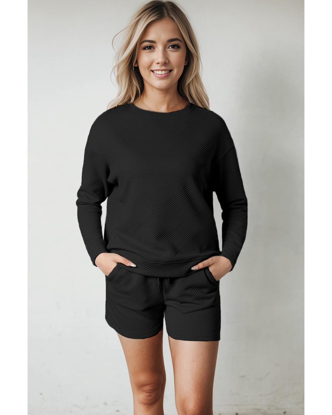 Black Textured Long Sleeve Top and Drawstring Shorts Set - S