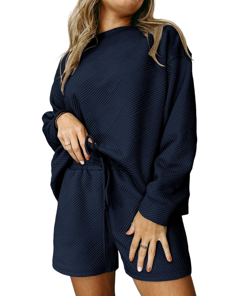 Navy Blue Textured Long Sleeve Top and Drawstring Shorts Set - XL