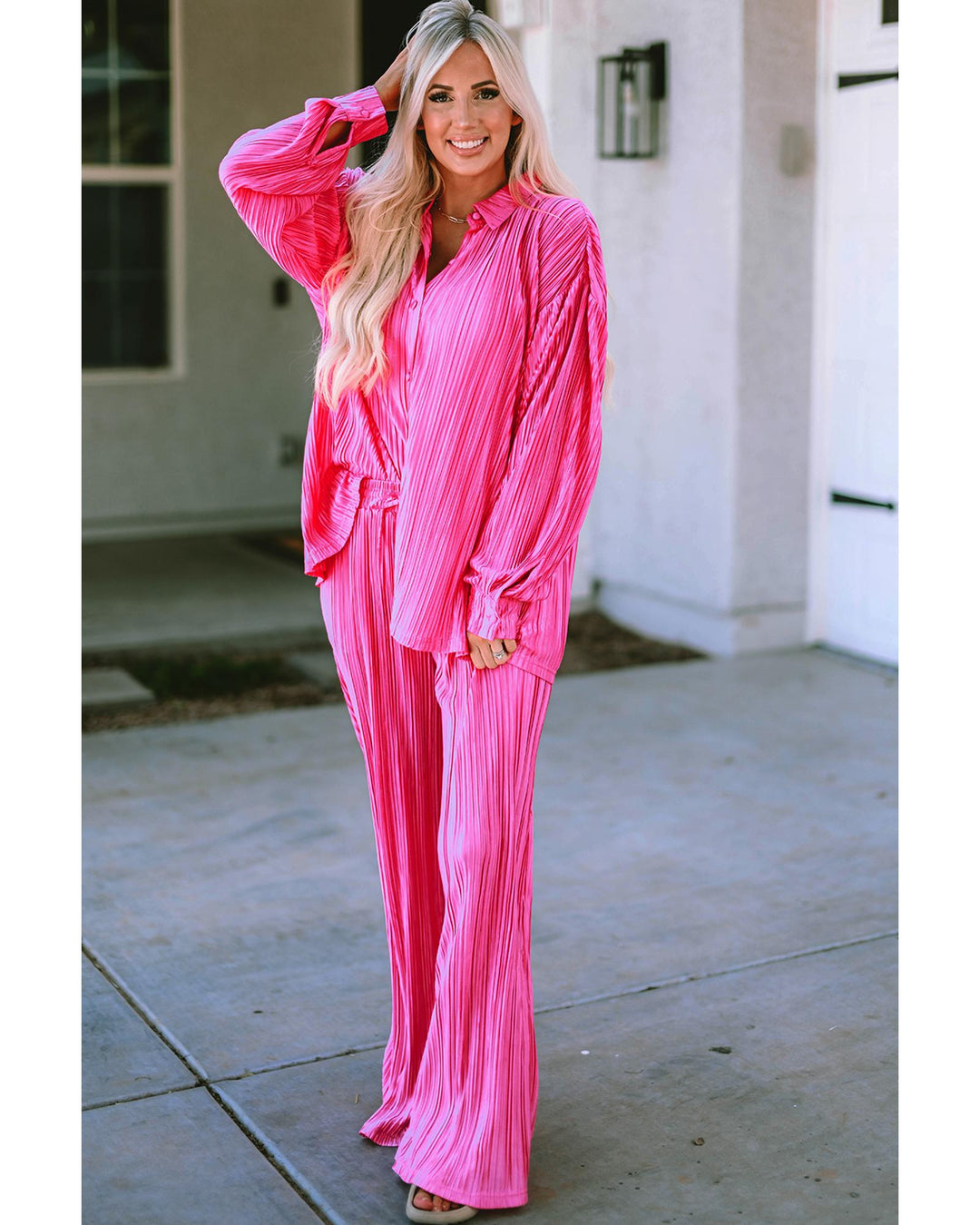 Rose Pleated Long Sleeve Shirt and Wide-Leg Pants Set - XL