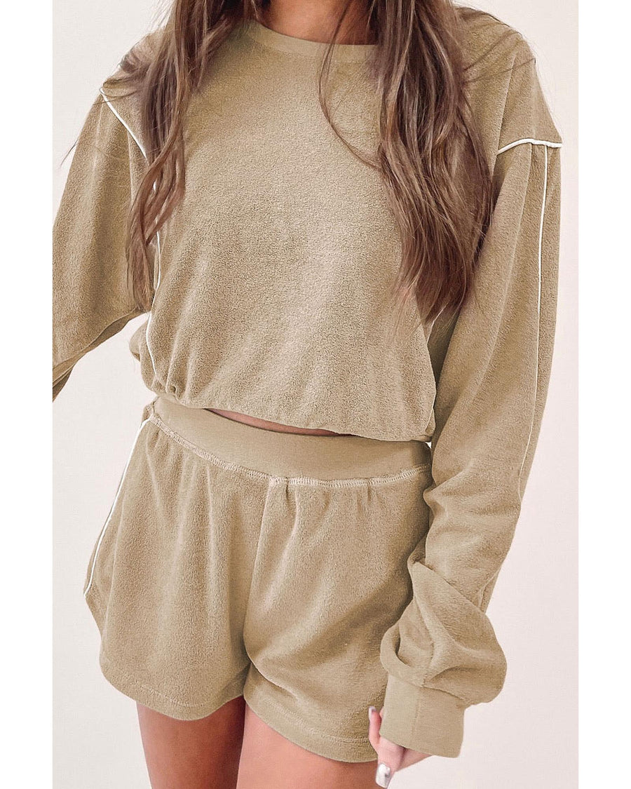 Azura Exchange Khaki Piping Trim Long Sleeve Terry Shorts Set - L