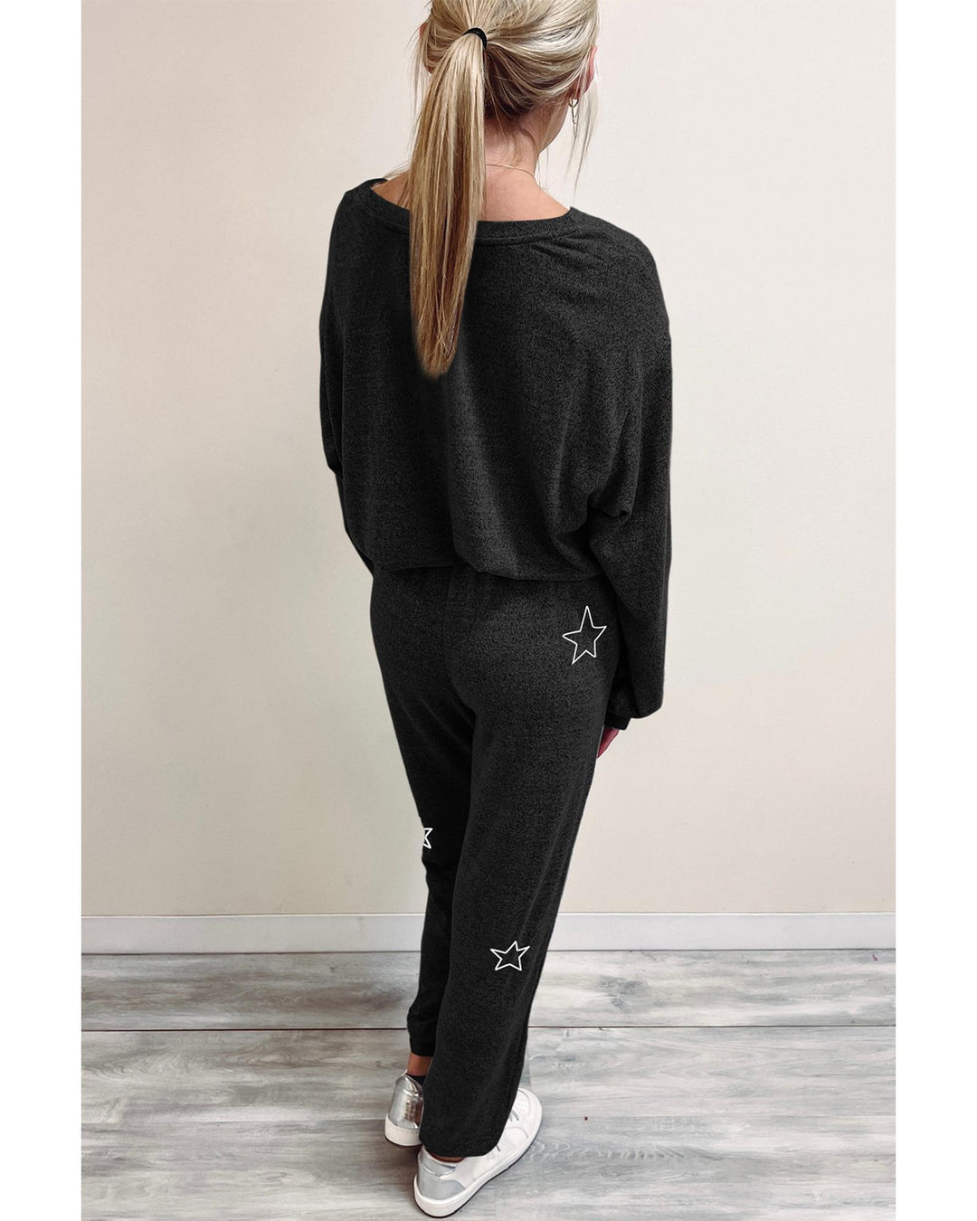 Black Stars Print Long Sleeve Drawstring High Waist Lounge Set - L