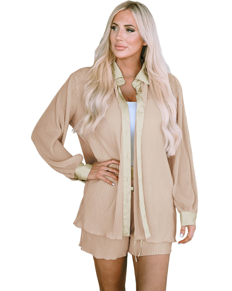 Apricot Pleated Long Sleeve Shirt and Shorts Lounge Set - L