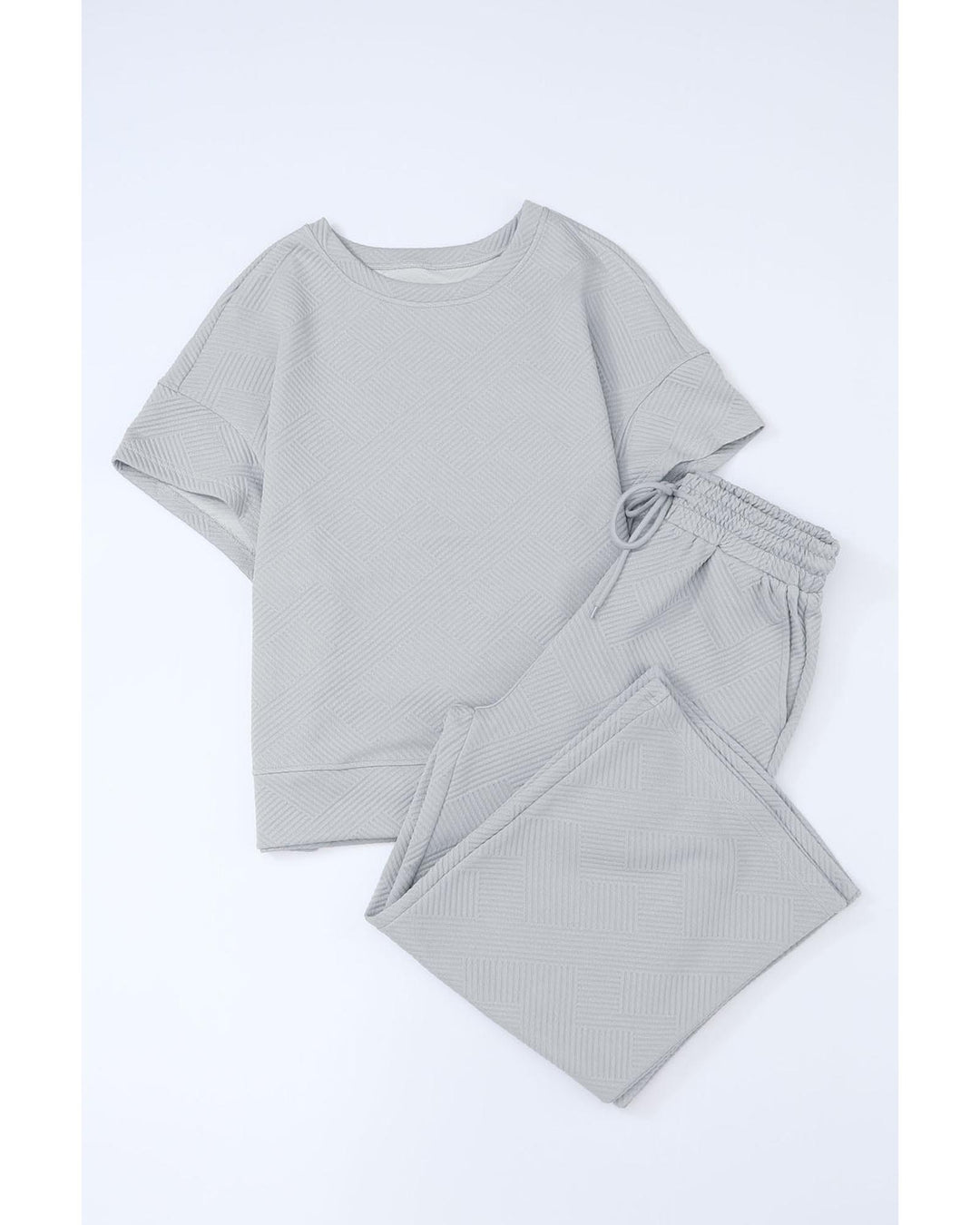 Gray Textured Loose Fit T Shirt and Drawstring Pants Set - 2XL