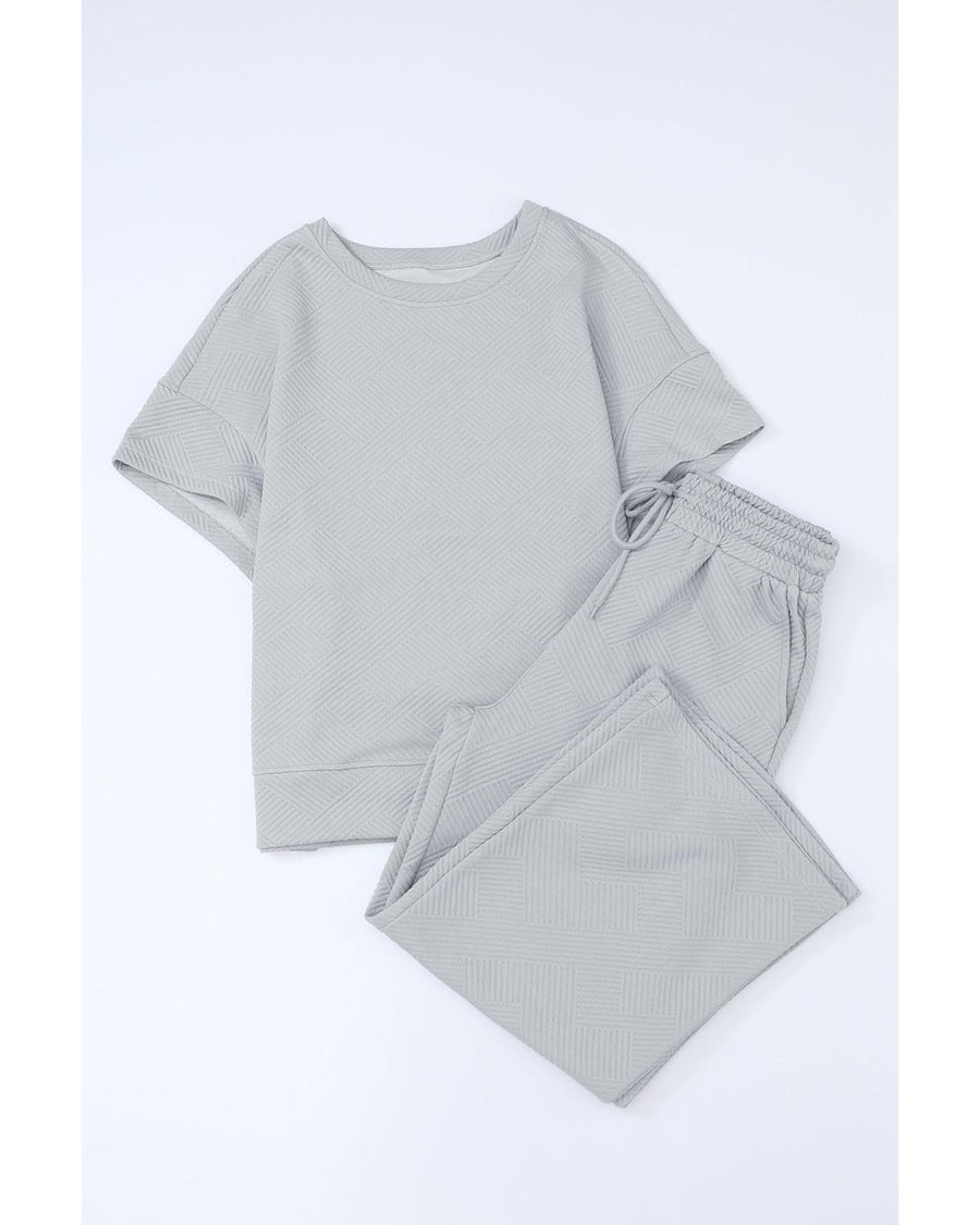 Gray Textured Loose Fit T Shirt and Drawstring Pants Set - L