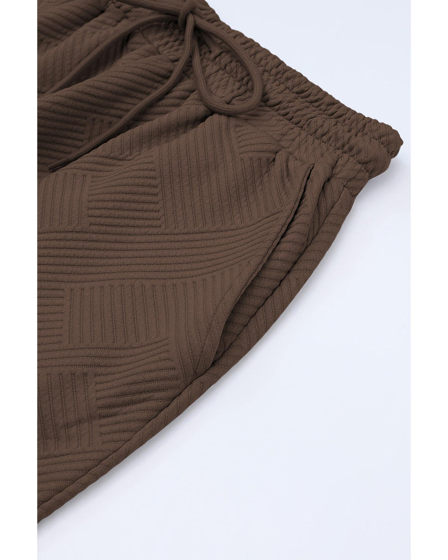 Brown Textured Loose Fit T Shirt and Drawstring Pants Set - 2XL