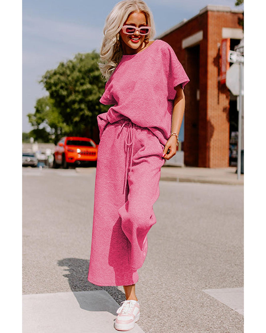 Strawberry Pink Textured Loose Fit T Shirt and Drawstring Pants Set - L