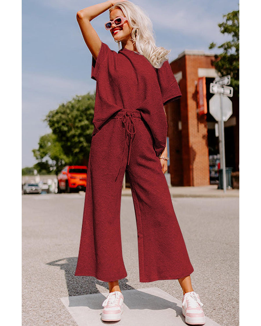 Red Dahlia Textured Loose Fit T Shirt and Drawstring Pants Set - L