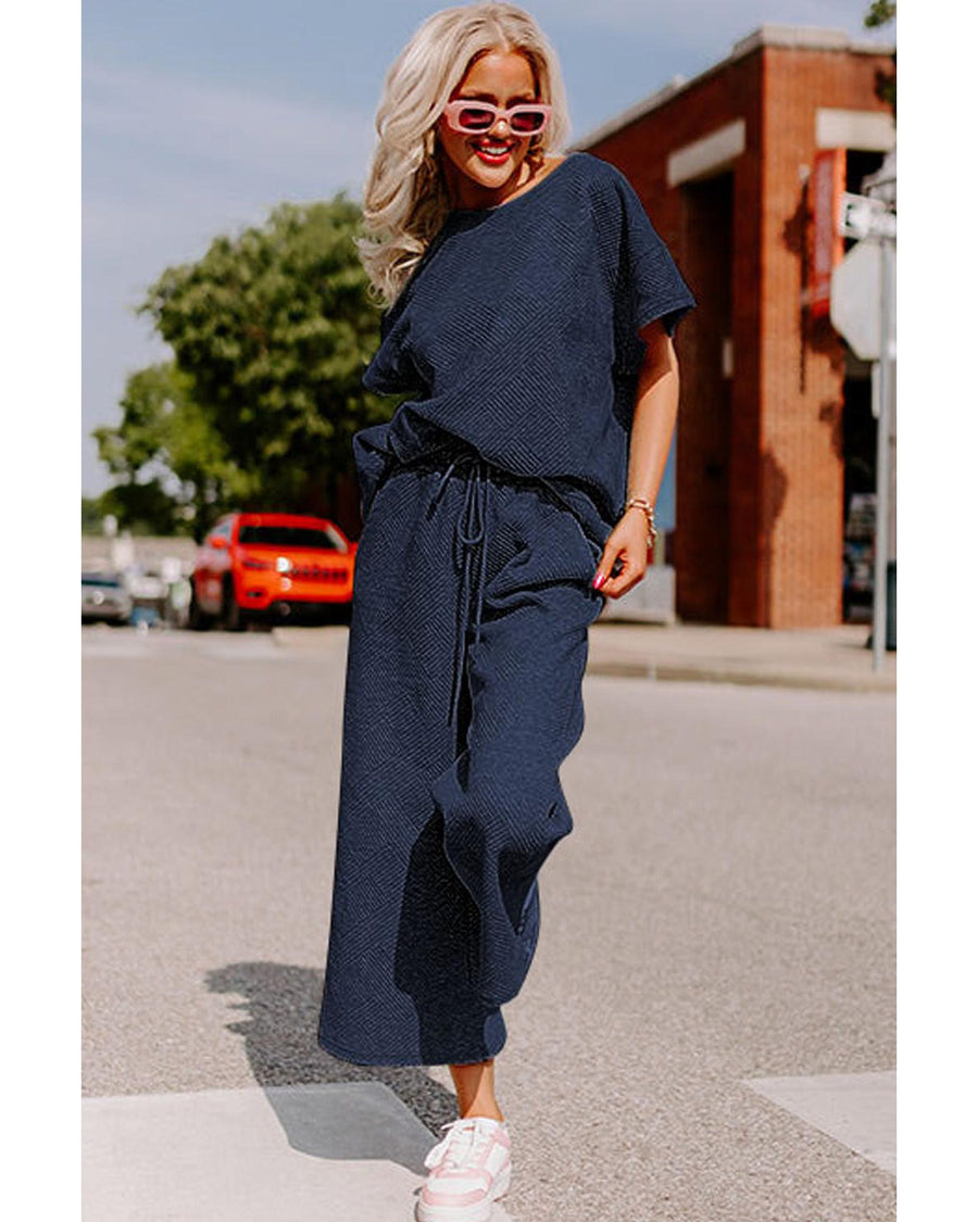 Navy Blue Textured Loose Fit T Shirt and Drawstring Pants Set - 2XL