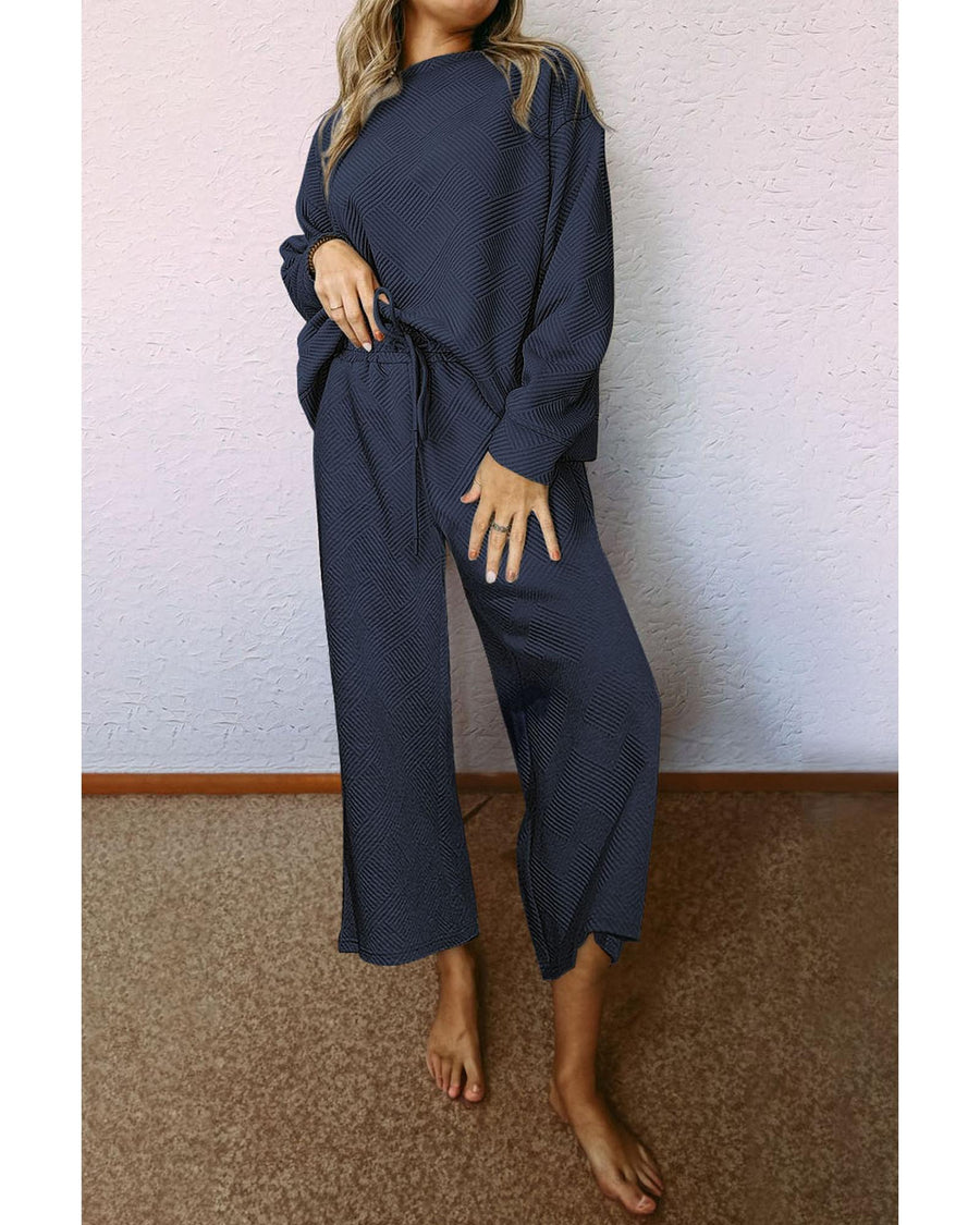 Navy Blue Ultra Loose Textured 2pcs Slouchy Outfit - XL