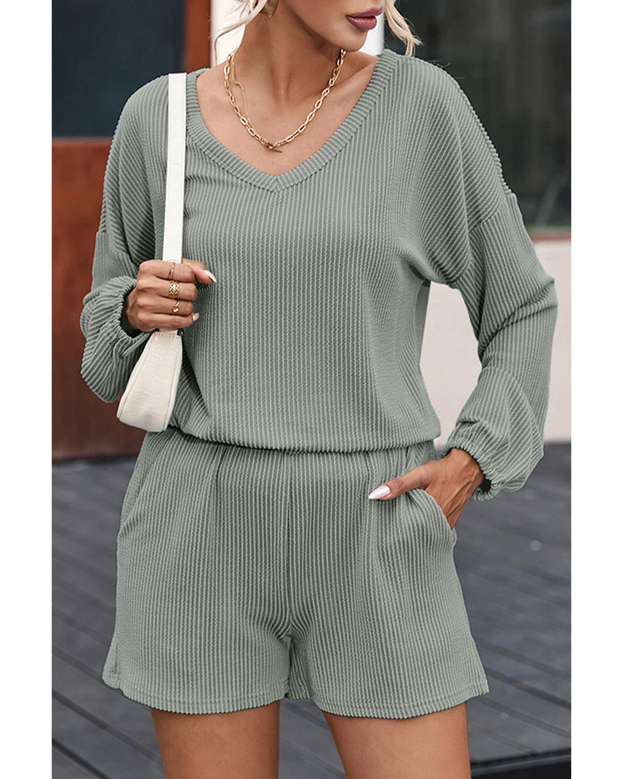 Grass Green Corded V Neck Slouchy Top Pocketed Shorts Set - XL