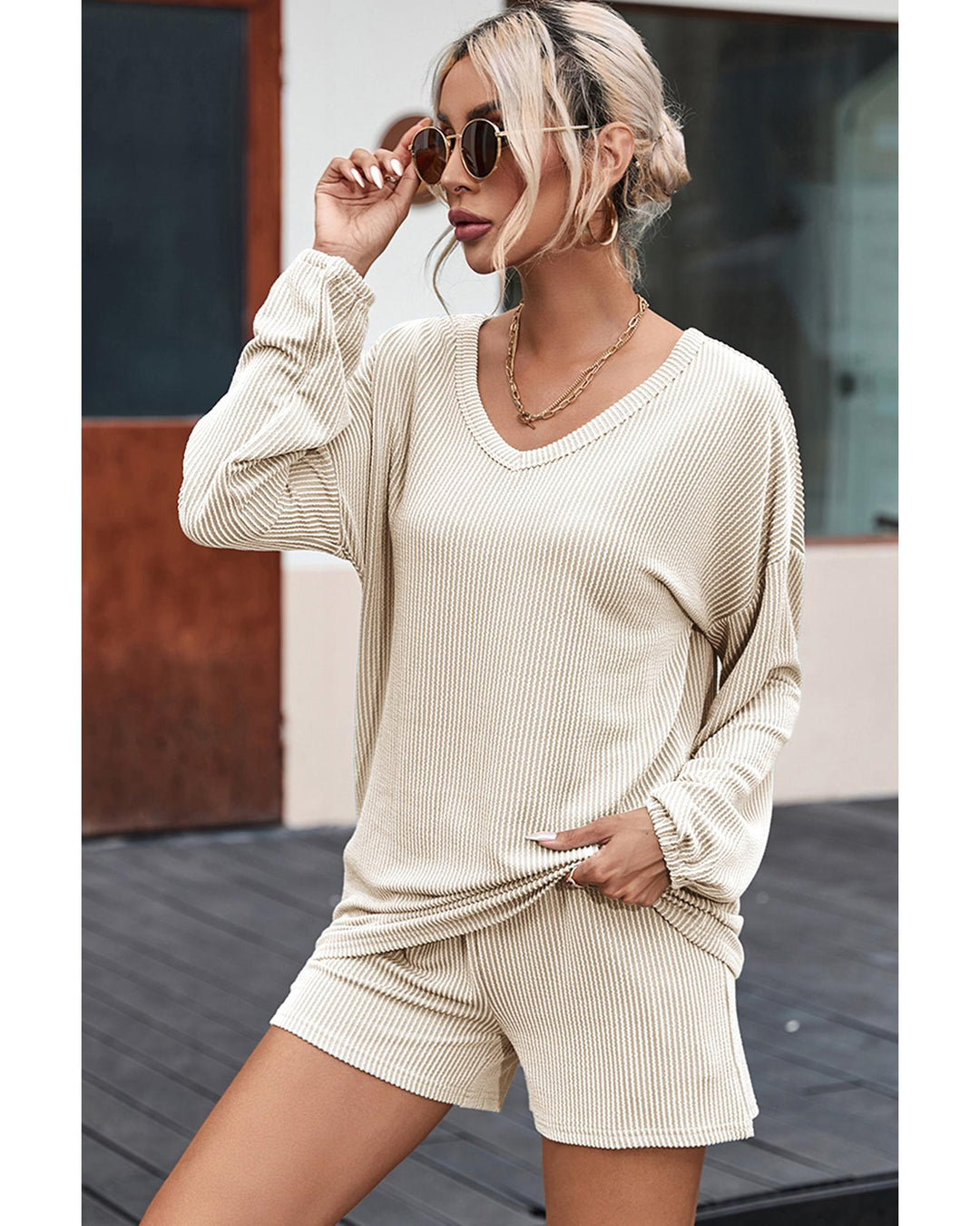 Beige Corded V Neck Slouchy Top Pocketed Shorts Set - XL