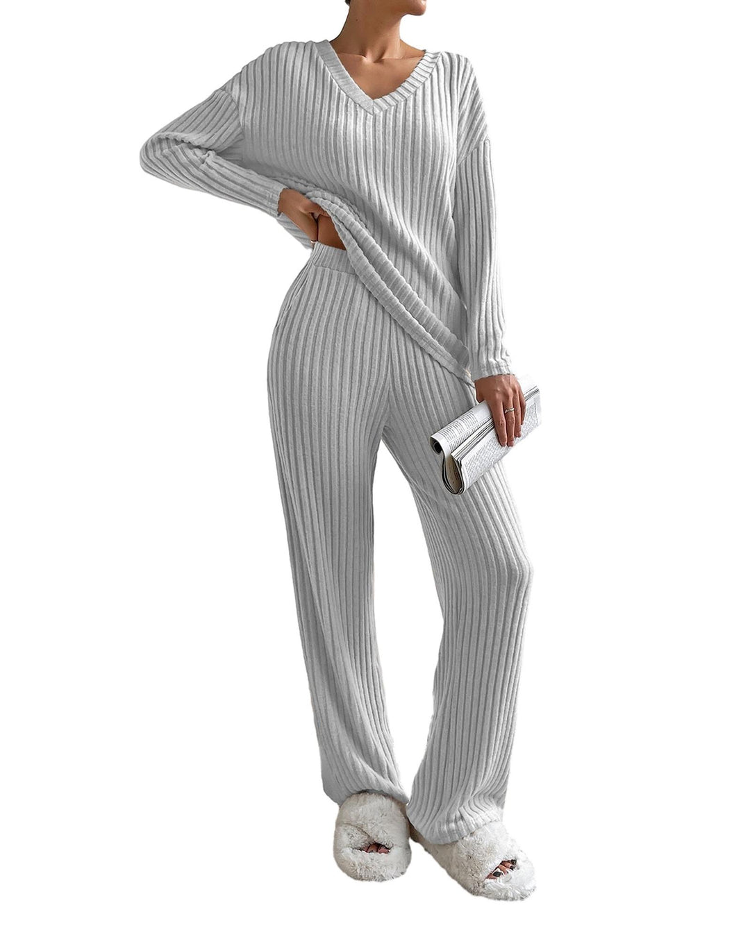 Light Grey Ribbed Knit V Neck Slouchy Two-piece Outfit - S