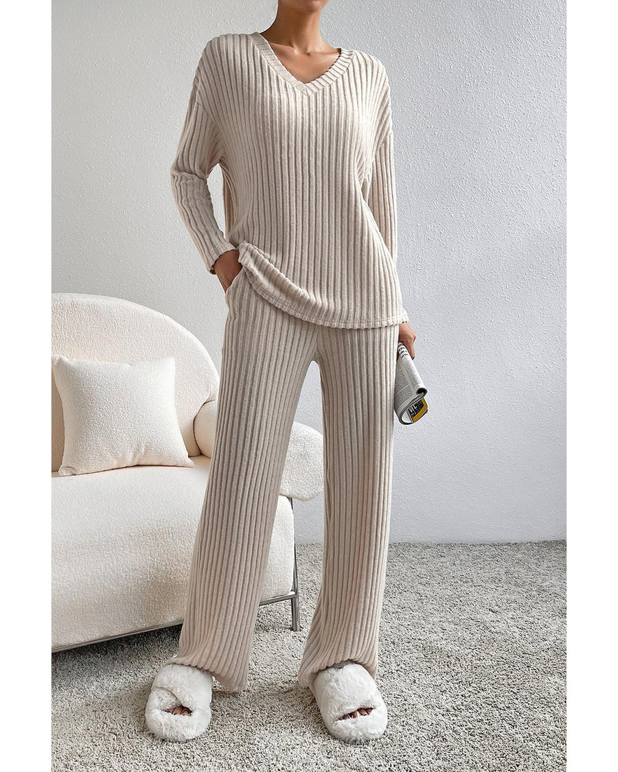 Khaki Ribbed Knit V Neck Slouchy Two-piece Outfit - S