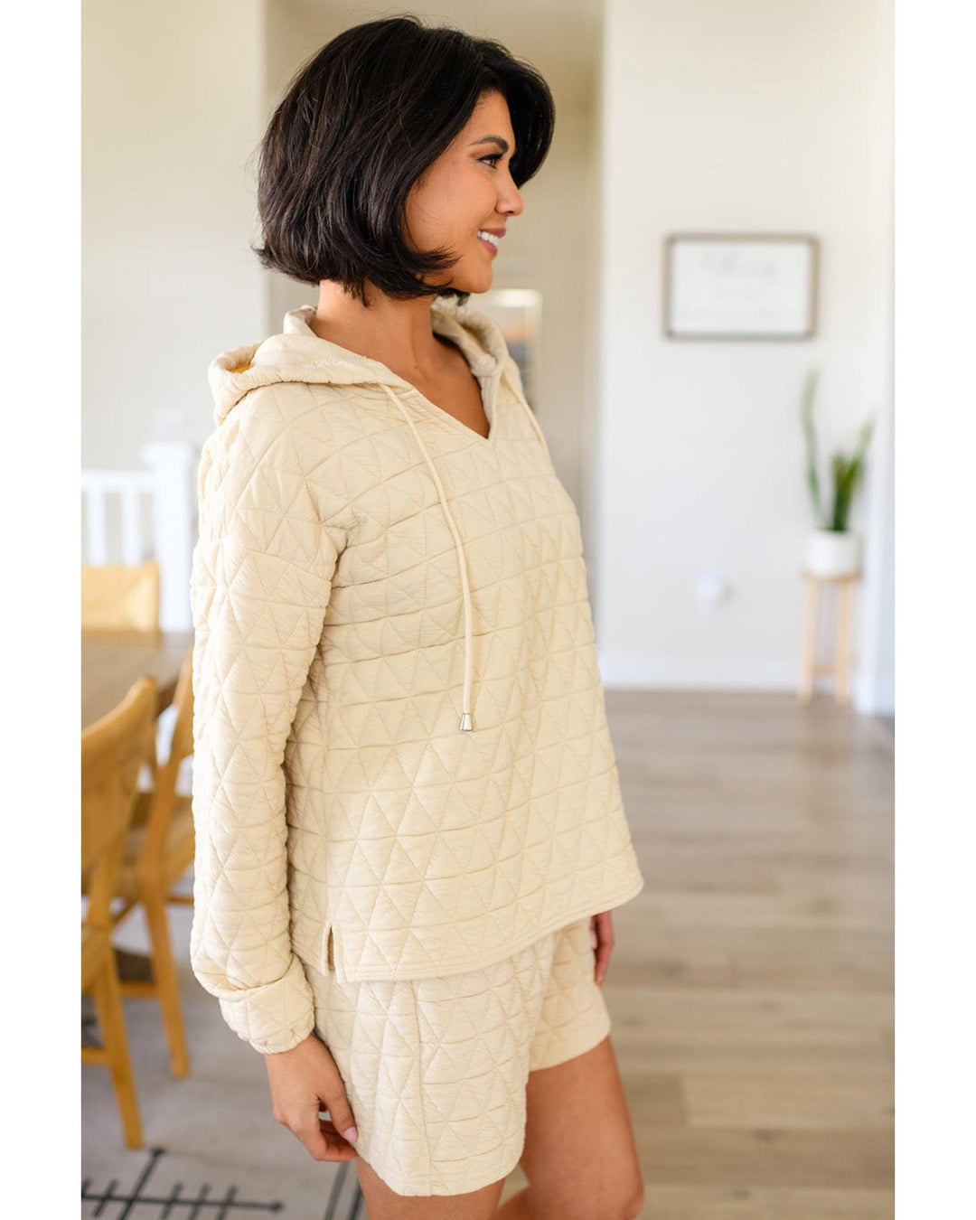 Beige Quilted V Neck Hoodie Drawstring Shorts Set - L