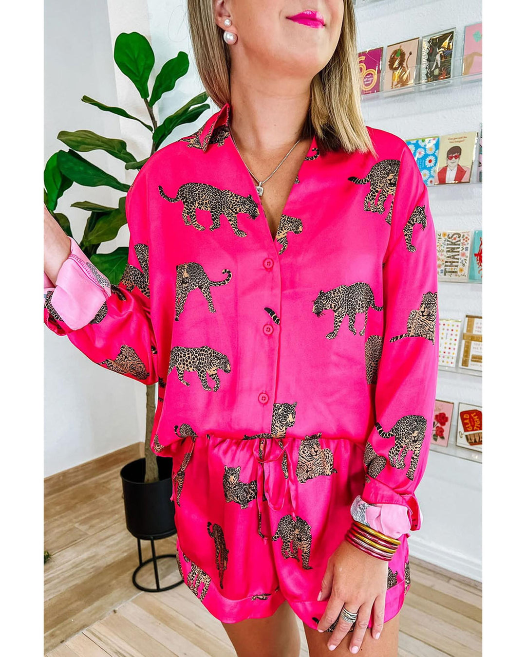 Strawberry Pink Cheetah Print Satin Shirt and Shorts Lounge Set - L