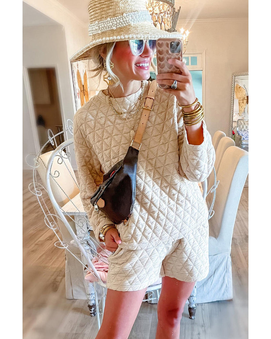 Beige Textured Long Sleeve Top Shorts Outfit - L