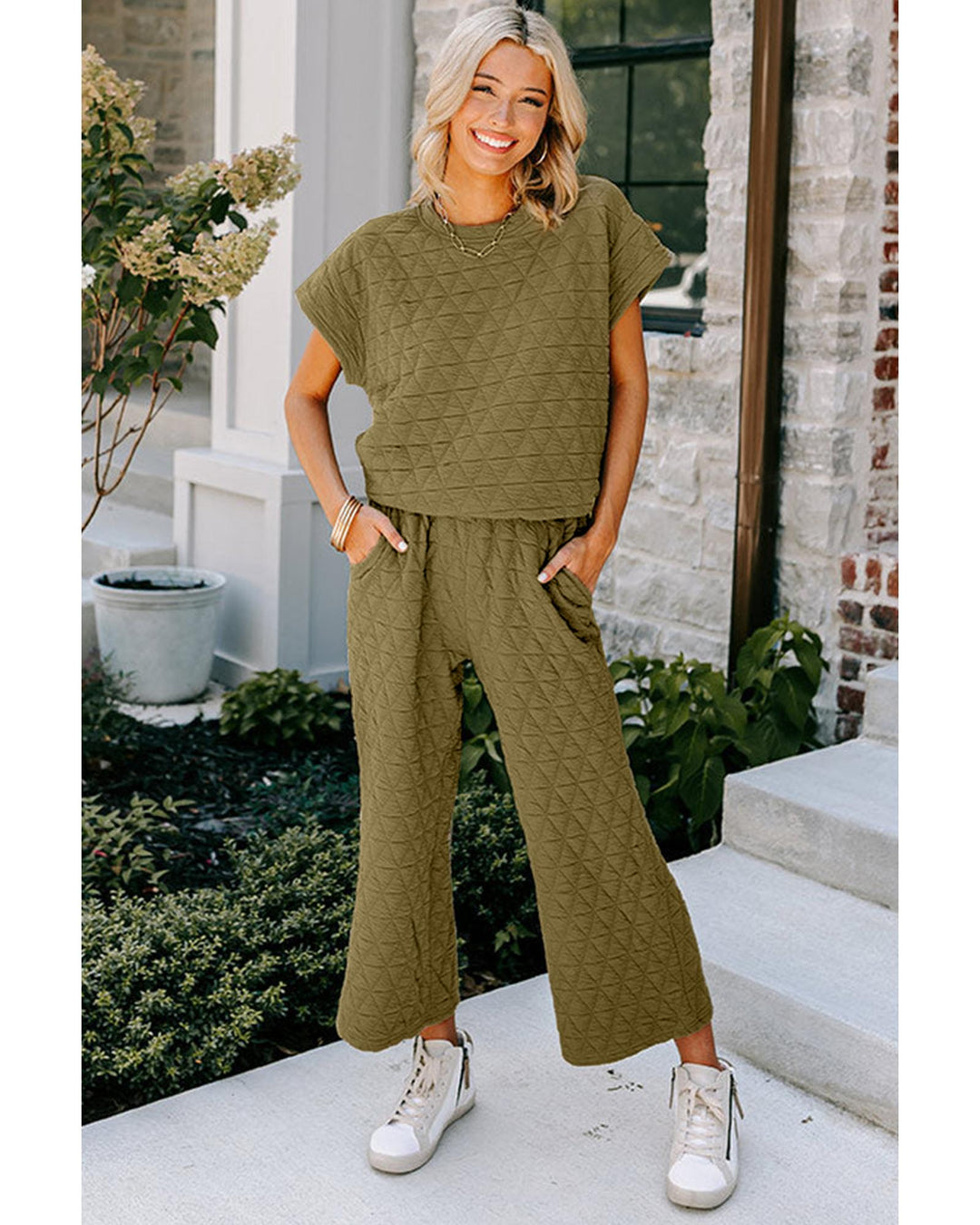 Sage Green Quilted Short Sleeve Wide Leg Pants Set - L