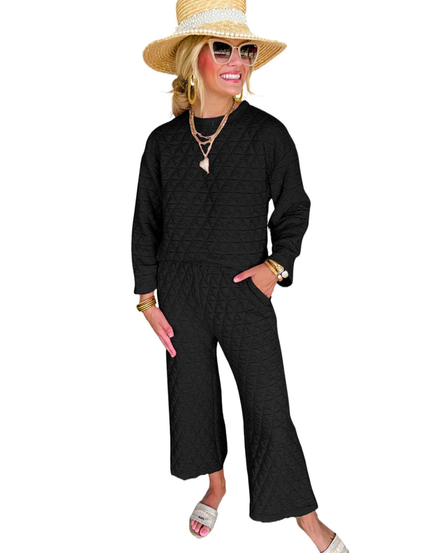 Black Solid Quilted Pullover and Pants Outfit - XL