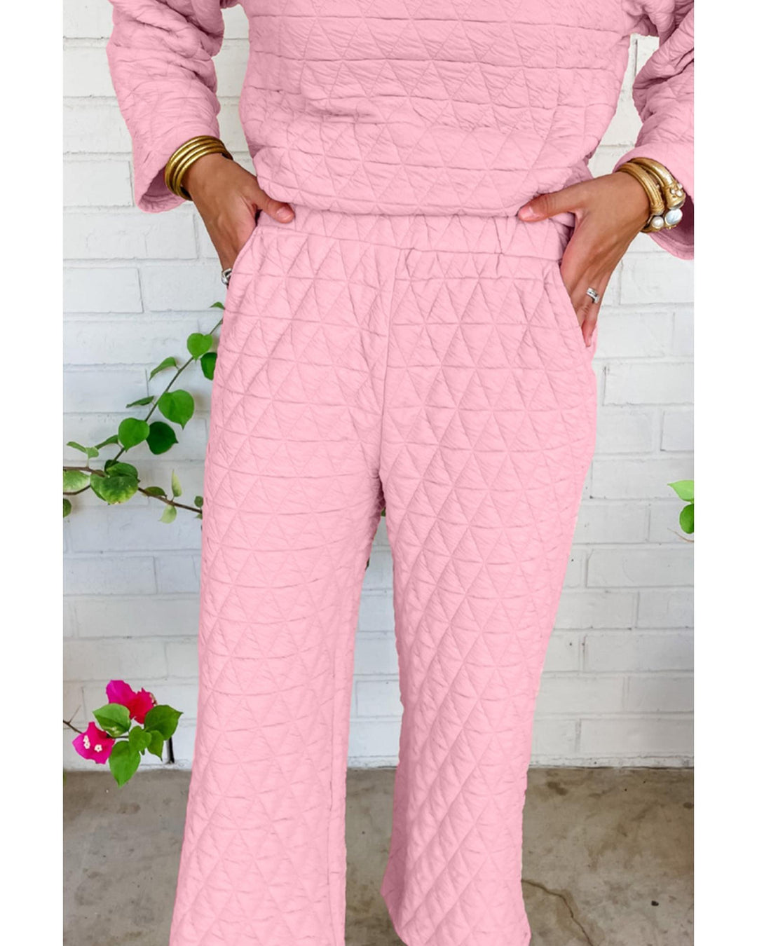 Pink Solid Quilted Pullover and Pants Outfit - XL