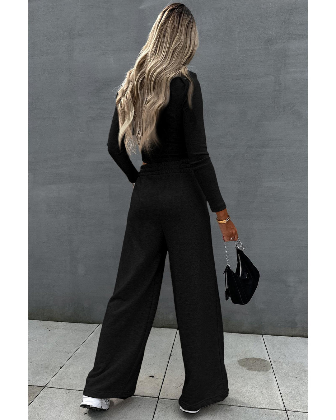 Black Crop Top and Wide Leg Pants Two Piece Set - XL