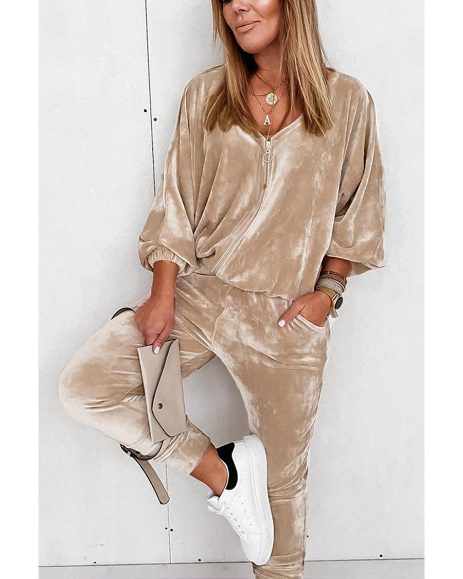 Parchment Velvet Zipped Top and Joggers Two Piece Set - M