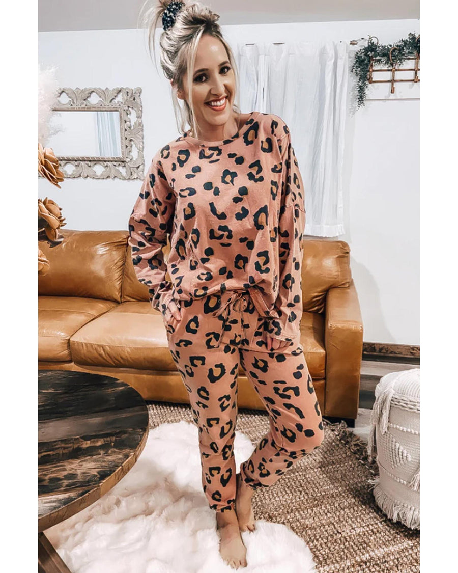 Pale Chestnut Leopard Long Sleeve Top and Drawstring Pants Set - M